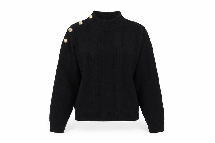 Mango Women Black UK 12 Cable-Knit High Neck Button Pullover Jumper