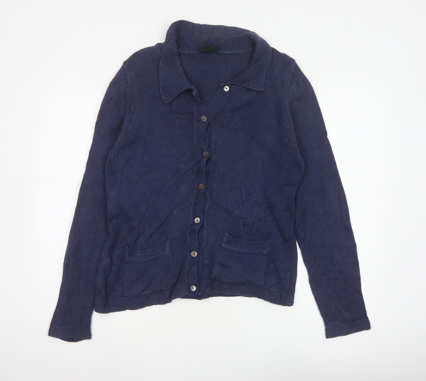Laura Ashley Women Blue L Cable Knit Collared Button Cardigan