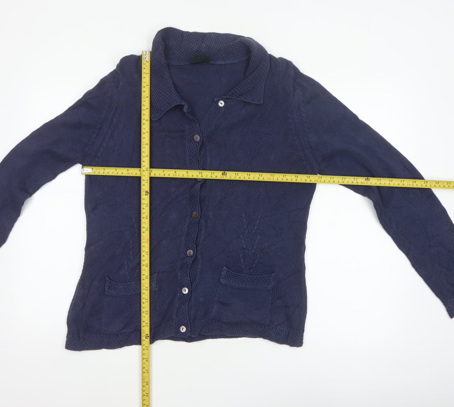 Laura Ashley Women Blue L Cable Knit Collared Button Cardigan