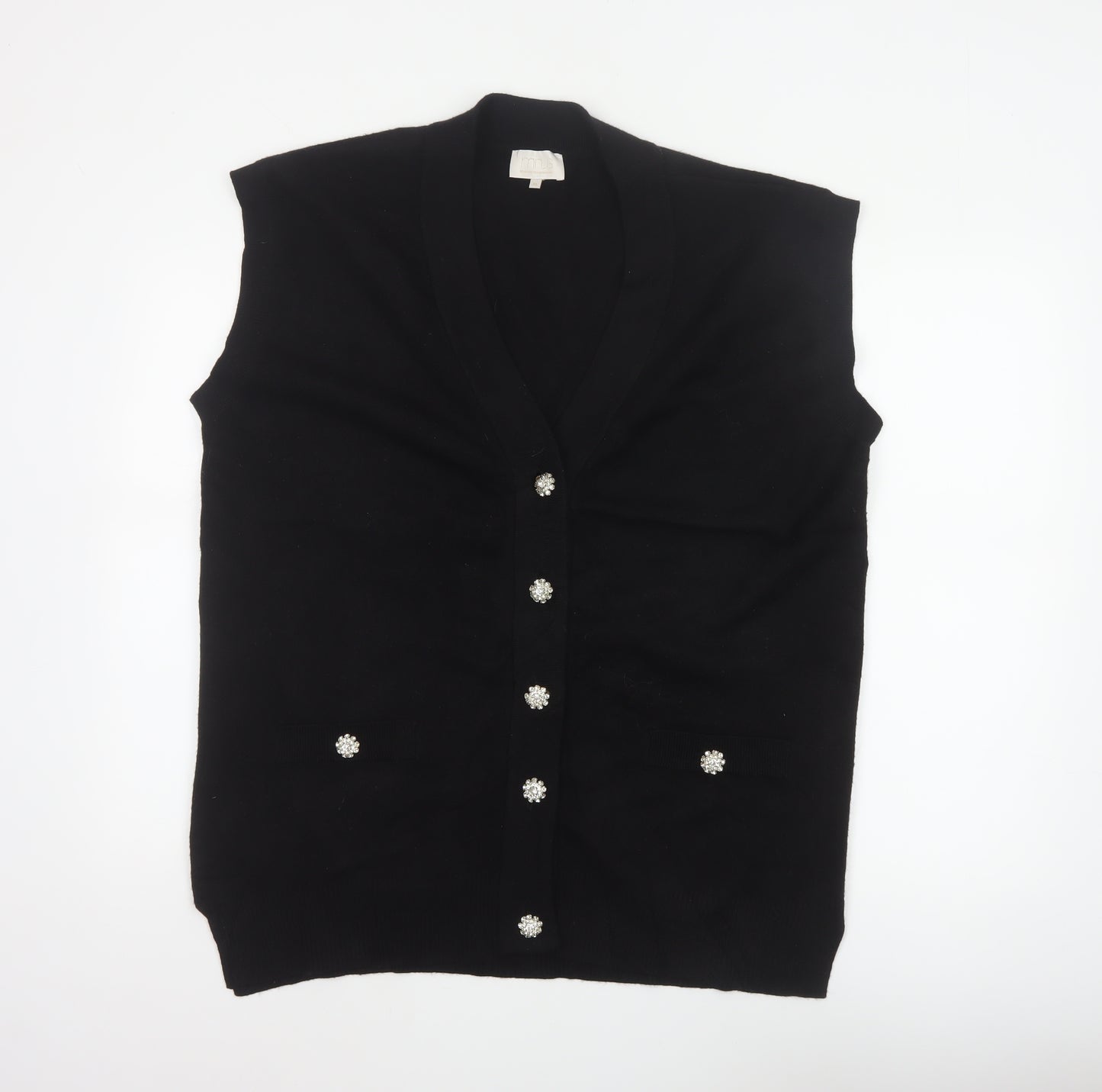 Mint Women Black XL Sleeveless V-Neck Knit Jewel Button Cardigan Vest
