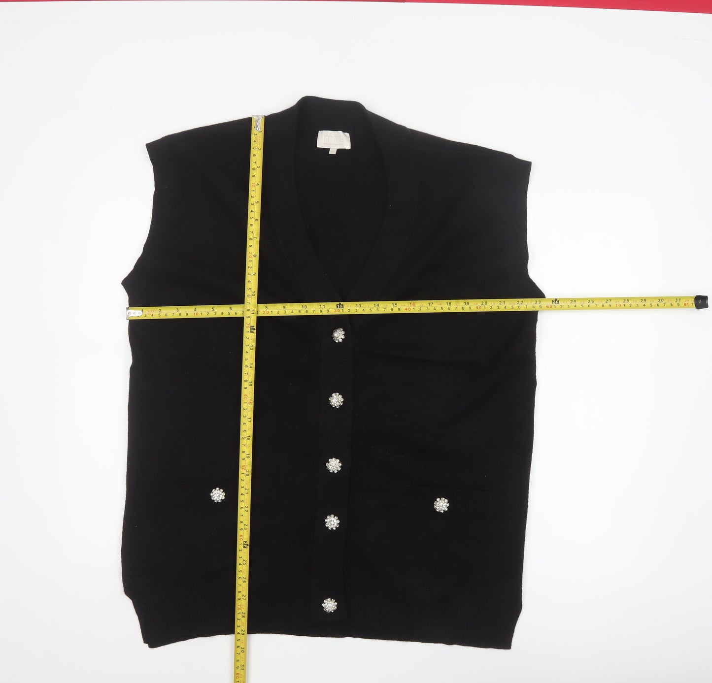 Mint Women Black XL Sleeveless V-Neck Knit Jewel Button Cardigan Vest
