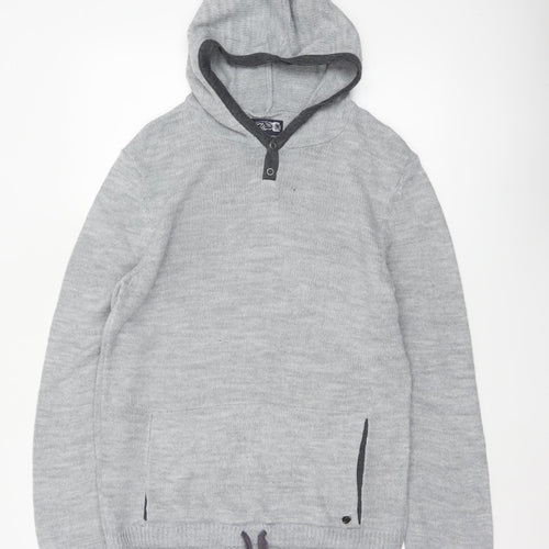 Rover Island Men's Grey S Hooded Henley Jumper Acrylic Knit Pockets