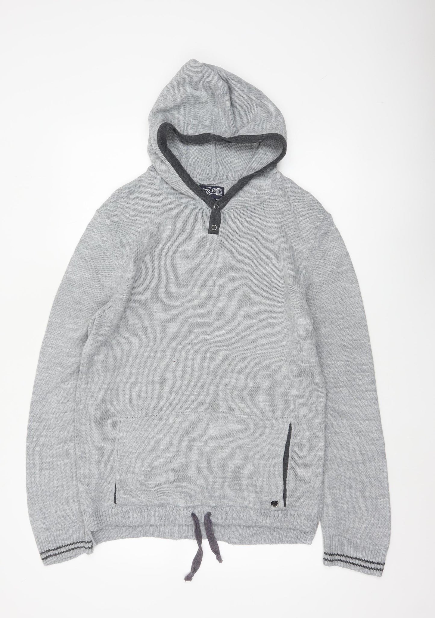 Rover Island Men's Grey S Hooded Henley Jumper Acrylic Knit Pockets