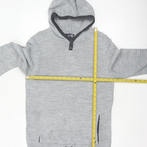Rover Island Men's Grey S Hooded Henley Jumper Acrylic Knit Pockets
