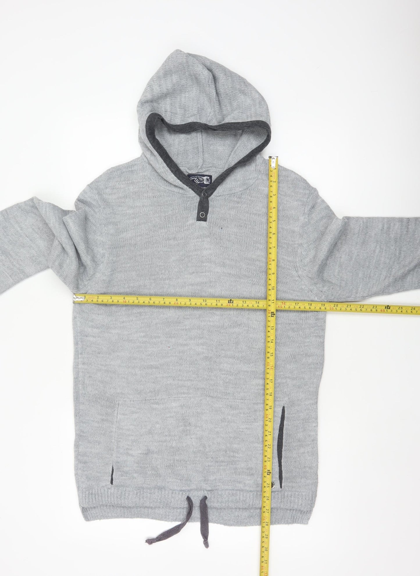Rover Island Men's Grey S Hooded Henley Jumper Acrylic Knit Pockets