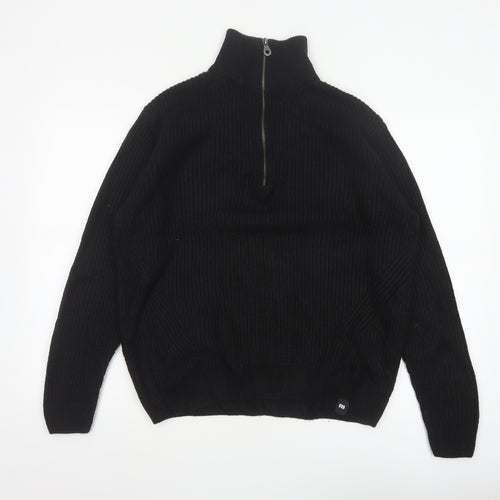 Pull&Bear Men Black M Chunky Knit Half Zip High Neck Jumper