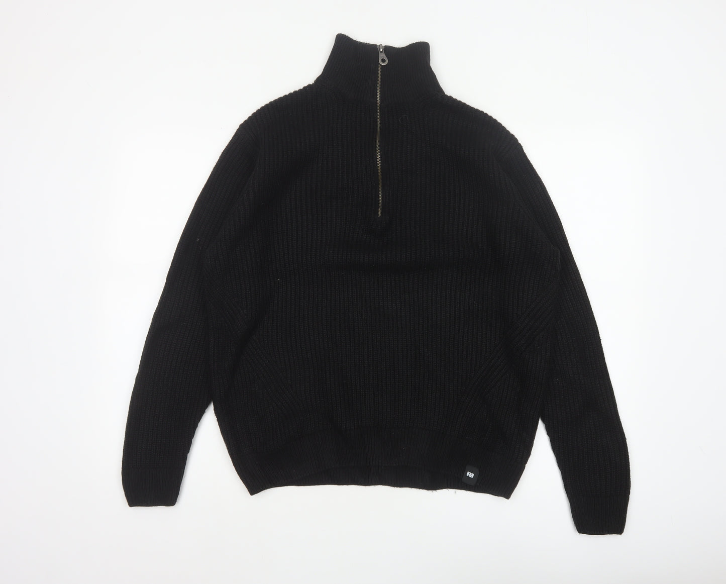 Pull&Bear Men Black M Chunky Knit Half Zip High Neck Jumper