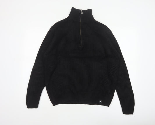Pull&Bear Men Black M Chunky Knit Half Zip High Neck Jumper