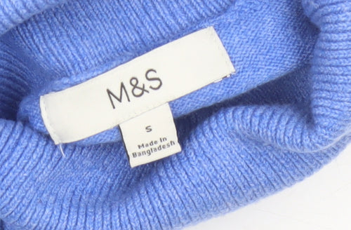 Marks and Spencer Women Blue S 100% Cashmere Roll Neck Jumper