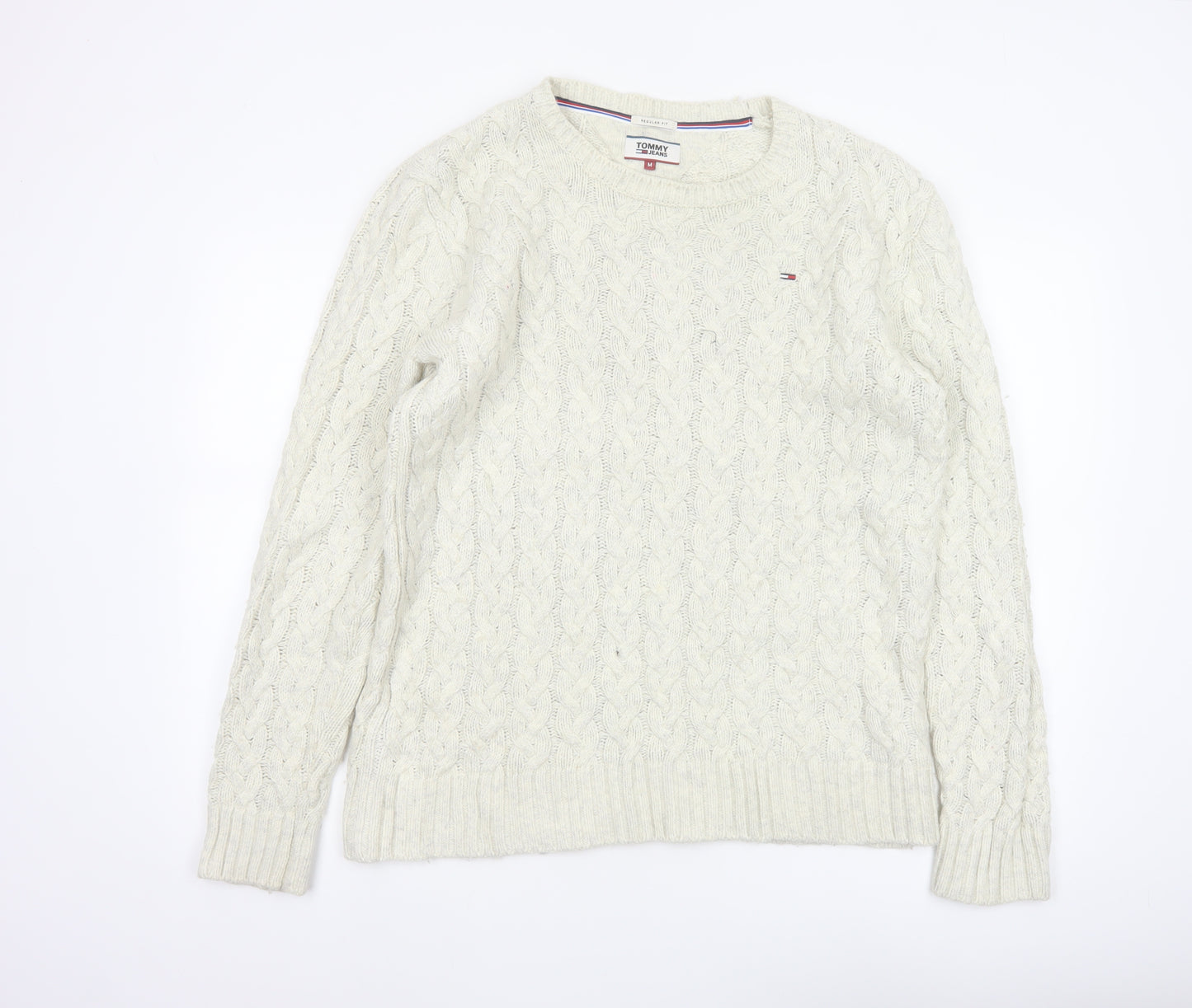 Tommy Jeans Men’s Ivory M Cable Knit Crew Neck Cotton Blend Jumper