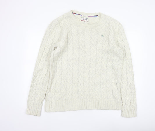 Tommy Jeans Men’s Ivory M Cable Knit Crew Neck Cotton Blend Jumper