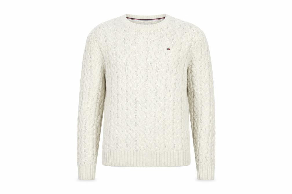 Front view of Tommy Jeans Men’s Ivory M Cable Knit Crew Neck Cotton Blend Jumper