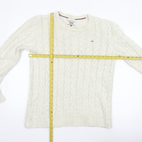 Tommy Jeans Men’s Ivory M Cable Knit Crew Neck Cotton Blend Jumper