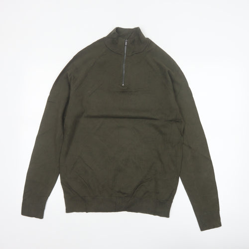 Marks and Spencer Men Green S 1/4 Zip High Neck Knit Jumper