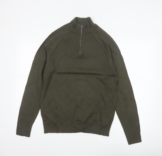 Marks and Spencer Men Green S 1/4 Zip High Neck Knit Jumper