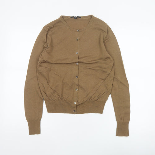 Uniqlo Women Brown S 100% Wool Round Neck Button Cardigan