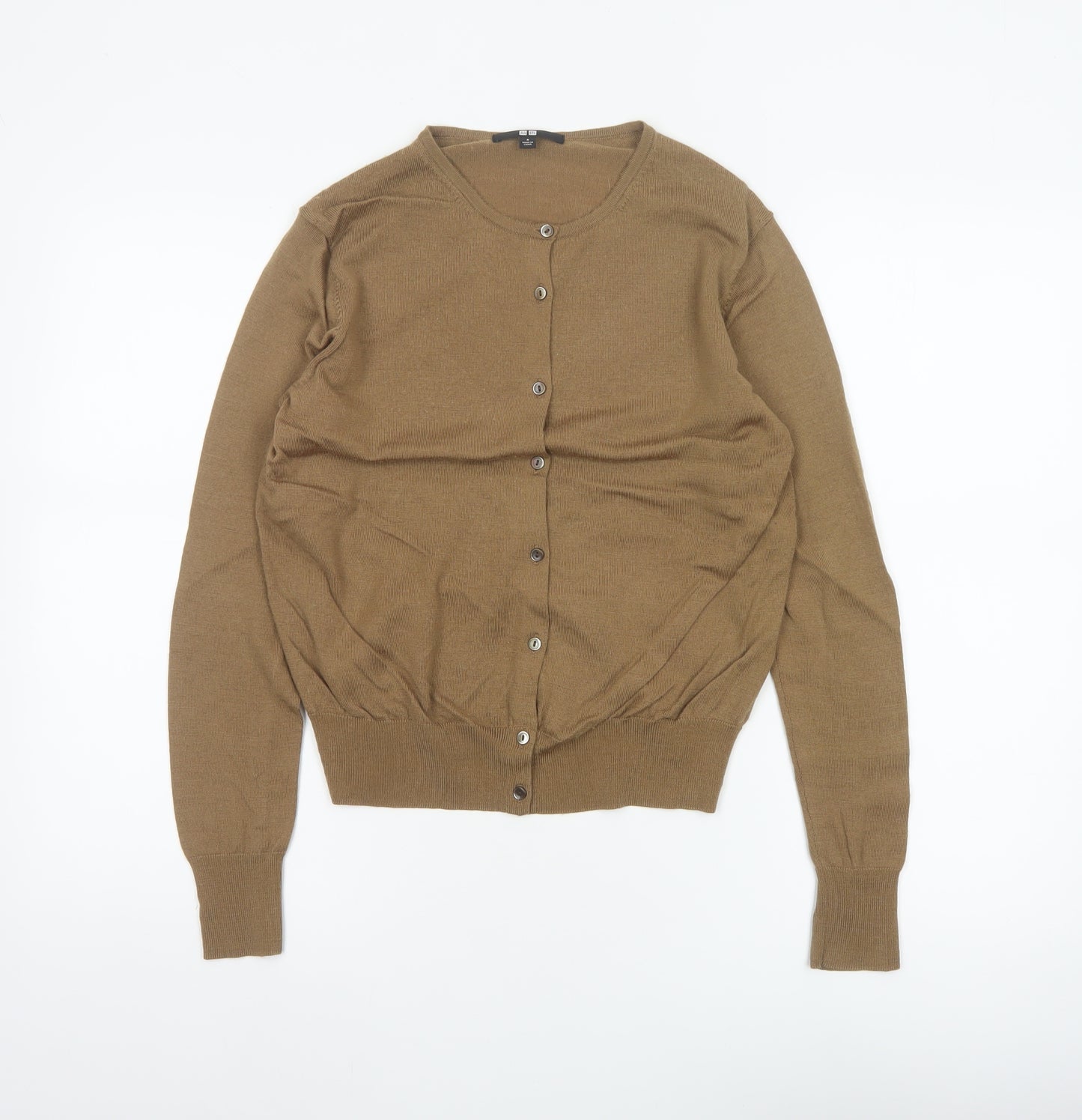 Uniqlo Women Brown S 100% Wool Round Neck Button Cardigan