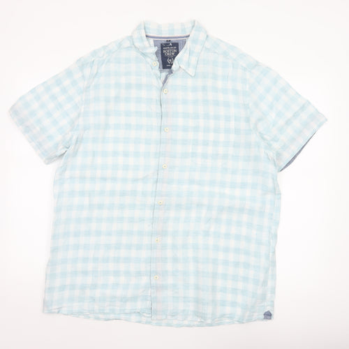 Boston Crew Men's Blue Check Linen Short Sleeve Button-Up Shirt L