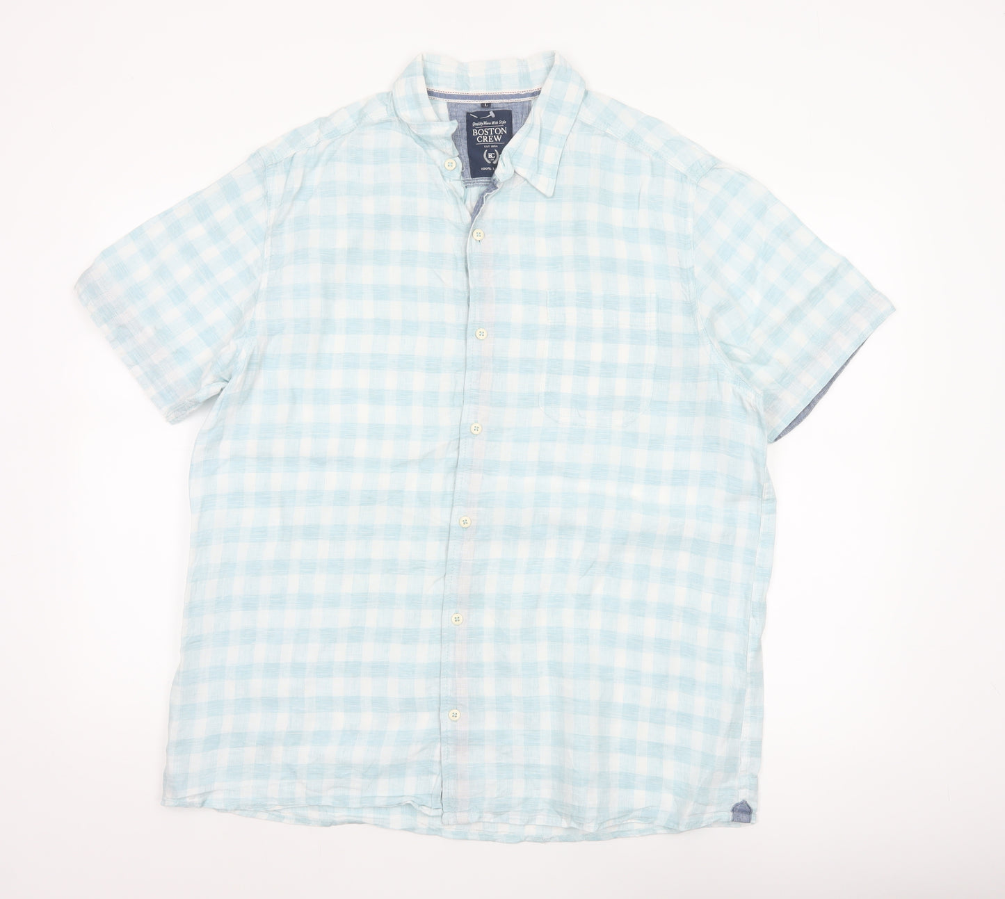 Boston Crew Men's Blue Check Linen Short Sleeve Button-Up Shirt L