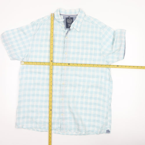 Boston Crew Men's Blue Check Linen Short Sleeve Button-Up Shirt L