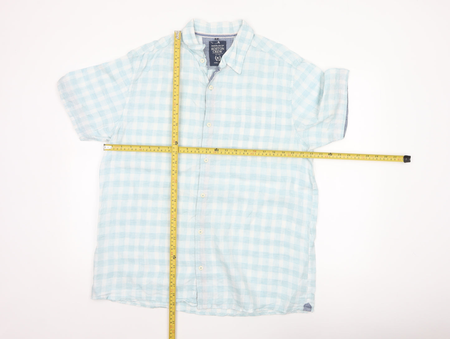 Boston Crew Men's Blue Check Linen Short Sleeve Button-Up Shirt L