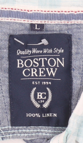 Boston Crew Men's Blue Check Linen Short Sleeve Button-Up Shirt L