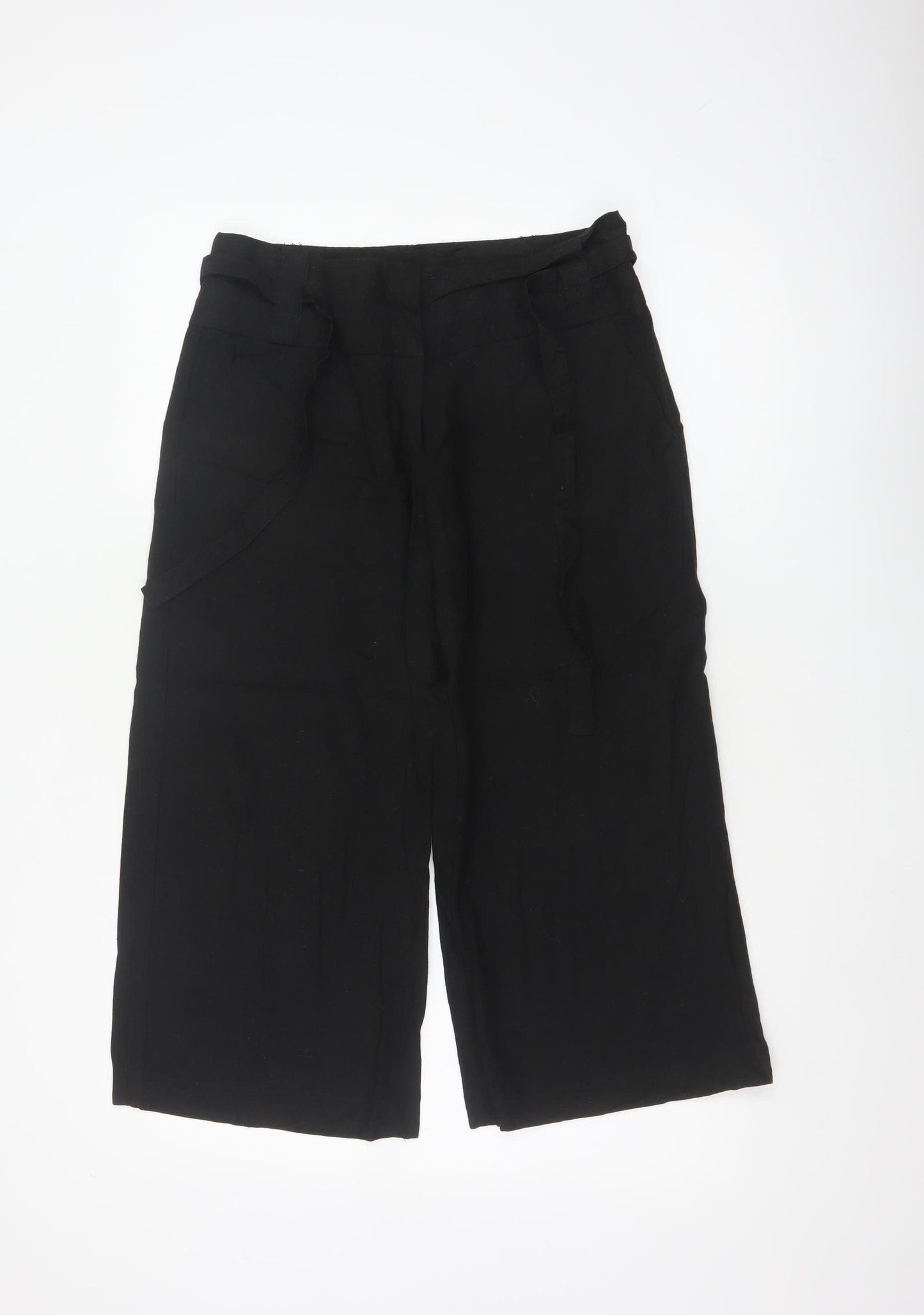 Dorothy Perkins Women Black UK 10 Cropped Wide-Leg Belted Trousers
