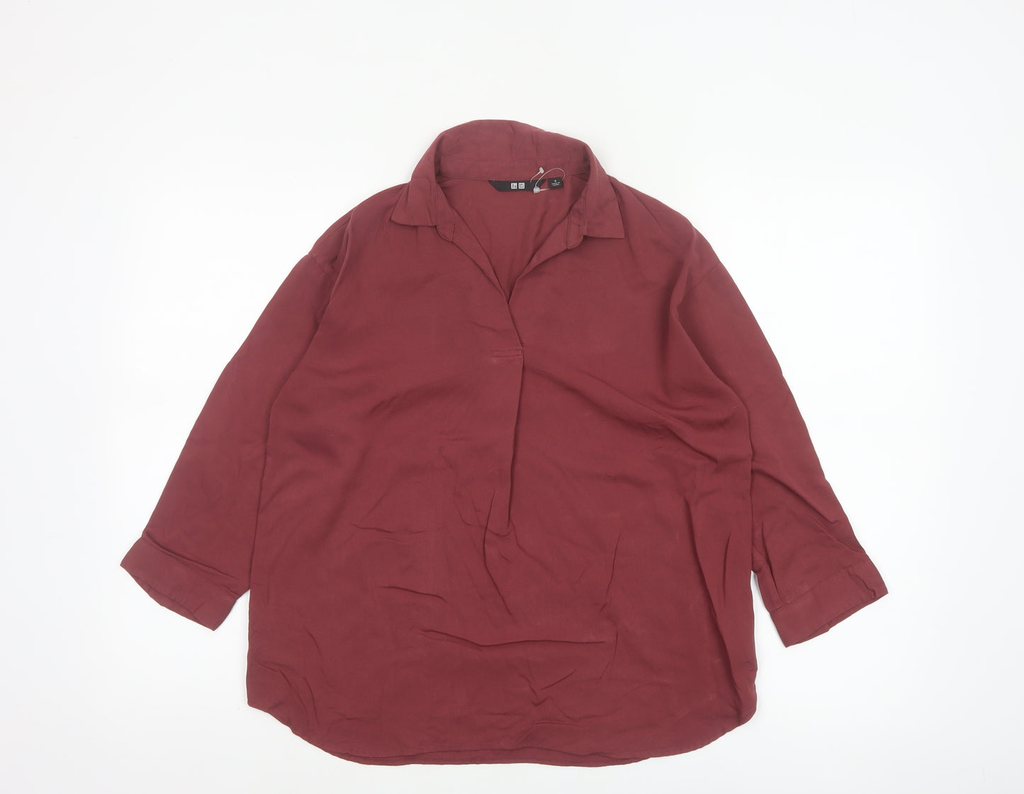 Uniqlo Women Red S Relaxed Collared Long Sleeve Viscose Blouse
