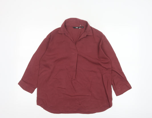Uniqlo Women Red S Relaxed Collared Long Sleeve Viscose Blouse