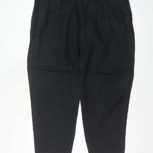 M&S Women Black Size 14 Short Linen High Rise Tapered Trousers