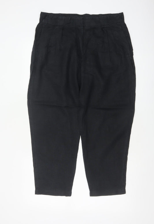 M&S Women Black Size 14 Short Linen High Rise Tapered Trousers