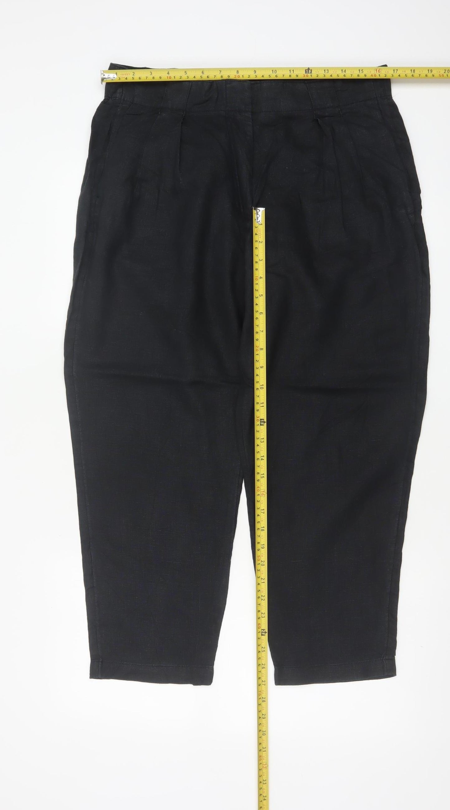 M&S Women Black Size 14 Short Linen High Rise Tapered Trousers