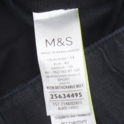 M&S Women Black Size 14 Short Linen High Rise Tapered Trousers