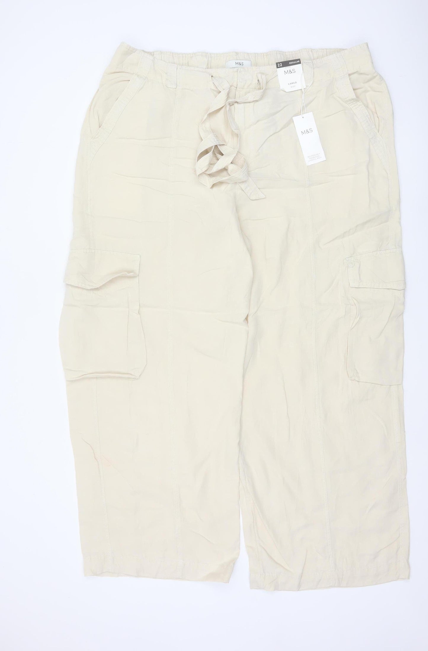 Marks and Spencer Women Ivory UK 22 Cargo Linen Blend Trousers