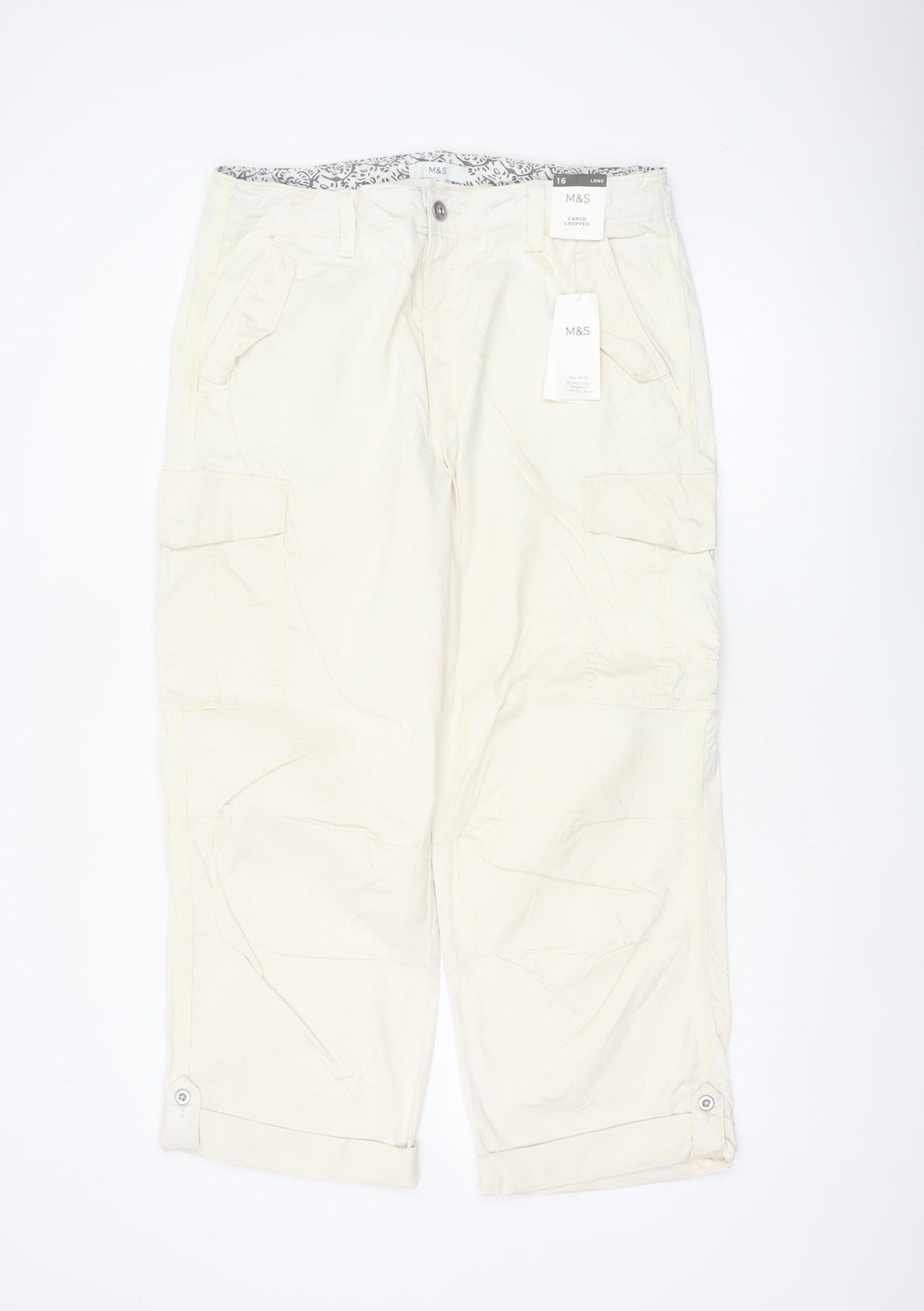 Marks & Spencer Women Beige Size 16 Long Cargo Cropped Trousers