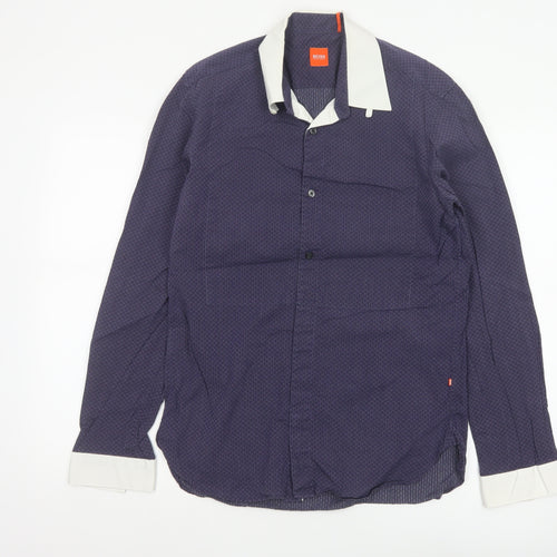 Hugo Boss Men’s Blue M Geometric Contrast Collar Long Sleeve Button-Up Shirt