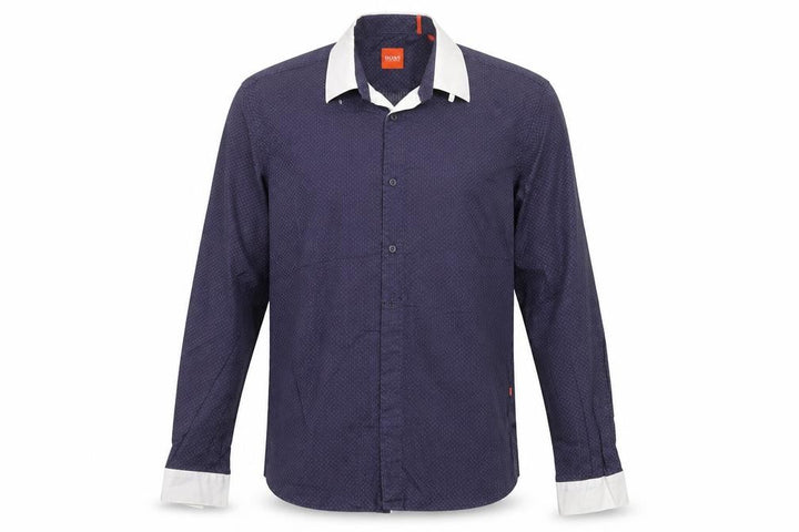 Hugo Boss Men’s Blue M Geometric Contrast Collar Long Sleeve Button-Up Shirt