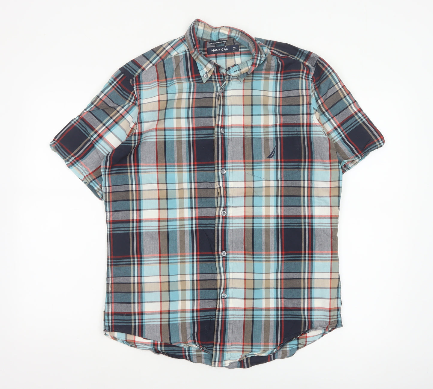 Nautica Men Multicolour Plaid Cotton Button-Down Short Sleeve Shirt S
