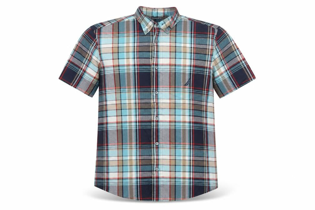 Front view of Nautica Men Multicolour Plaid Cotton Button-Down Short Sleeve Shirt S