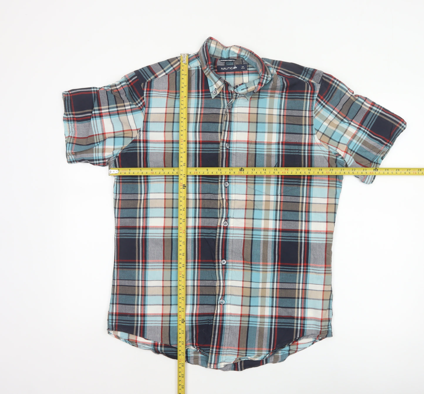 Nautica Men Multicolour Plaid Cotton Button-Down Short Sleeve Shirt S