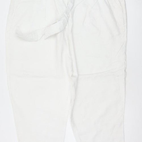 M&S Women White Linen Paperbag Belted Tapered Trousers Size 22