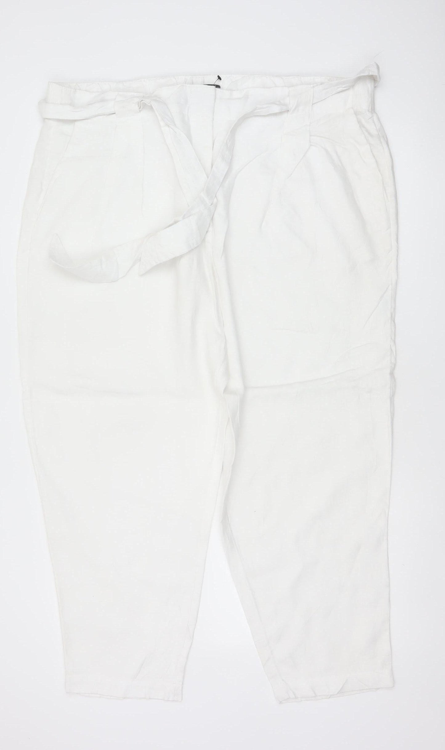 M&S Women White Linen Paperbag Belted Tapered Trousers Size 22