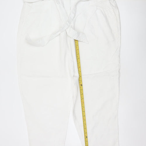 M&S Women White Linen Paperbag Belted Tapered Trousers Size 22