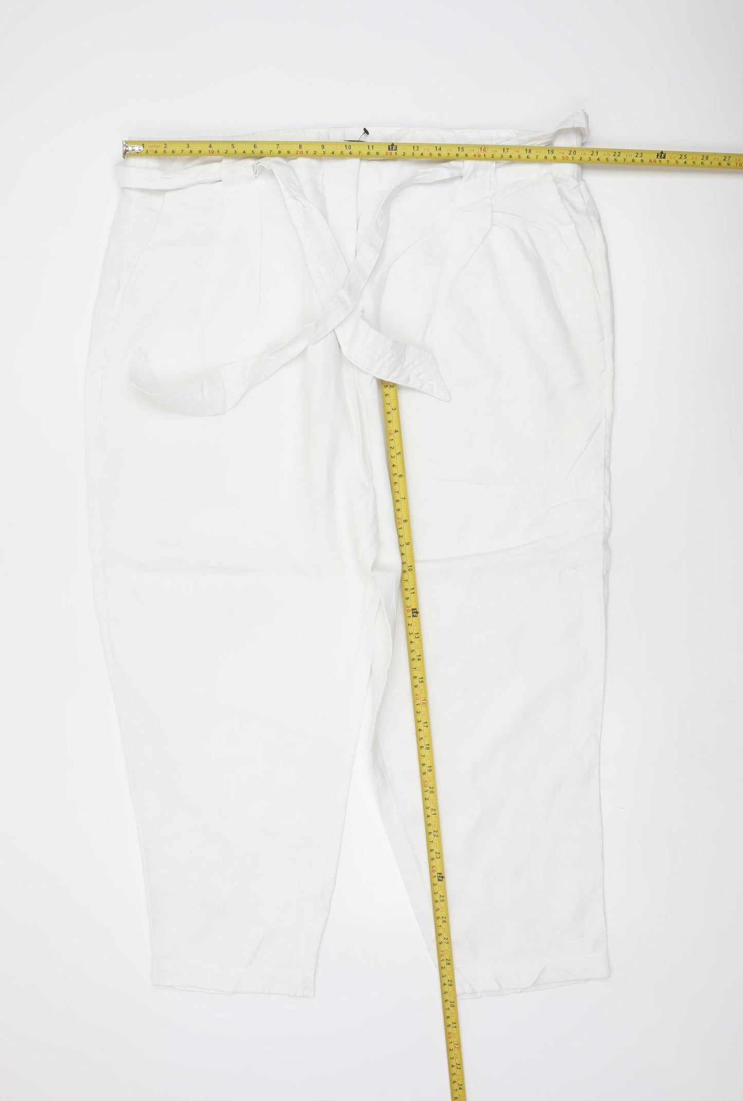 M&S Women White Linen Paperbag Belted Tapered Trousers Size 22