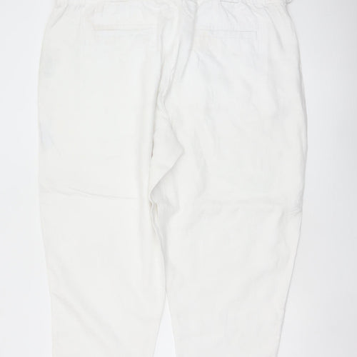M&S Women White Linen Paperbag Belted Tapered Trousers Size 22
