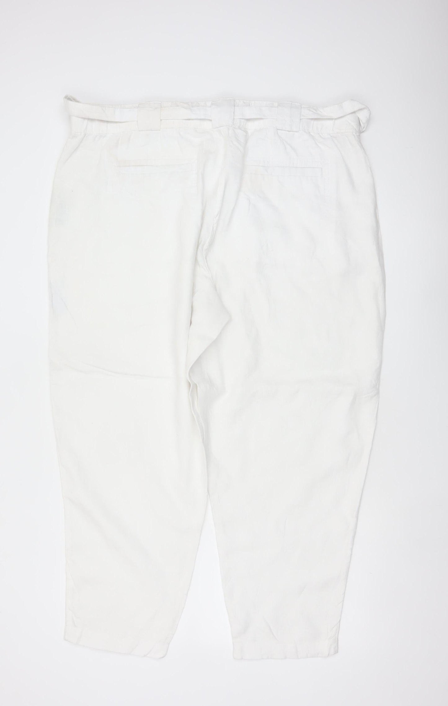M&S Women White Linen Paperbag Belted Tapered Trousers Size 22
