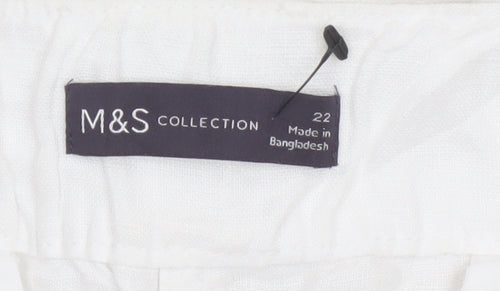 M&S Women White Linen Paperbag Belted Tapered Trousers Size 22