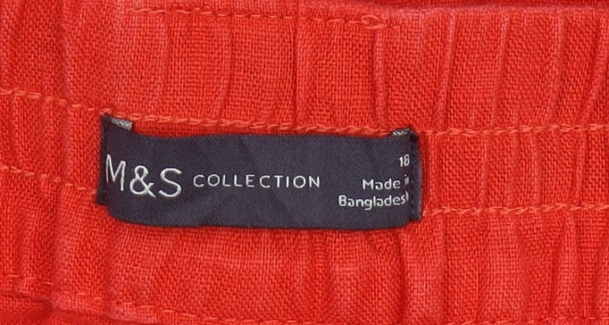 Marks & Spencer Women Red UK 18 Linen Cropped Paperbag Trousers