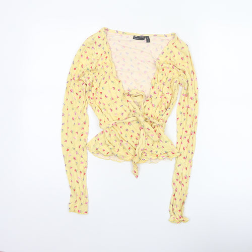 ASOS Design Women Yellow Floral Wrap Peplum Blouse UK 8 Long Sleeve