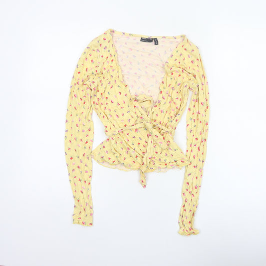 ASOS Design Women Yellow Floral Wrap Peplum Blouse UK 8 Long Sleeve